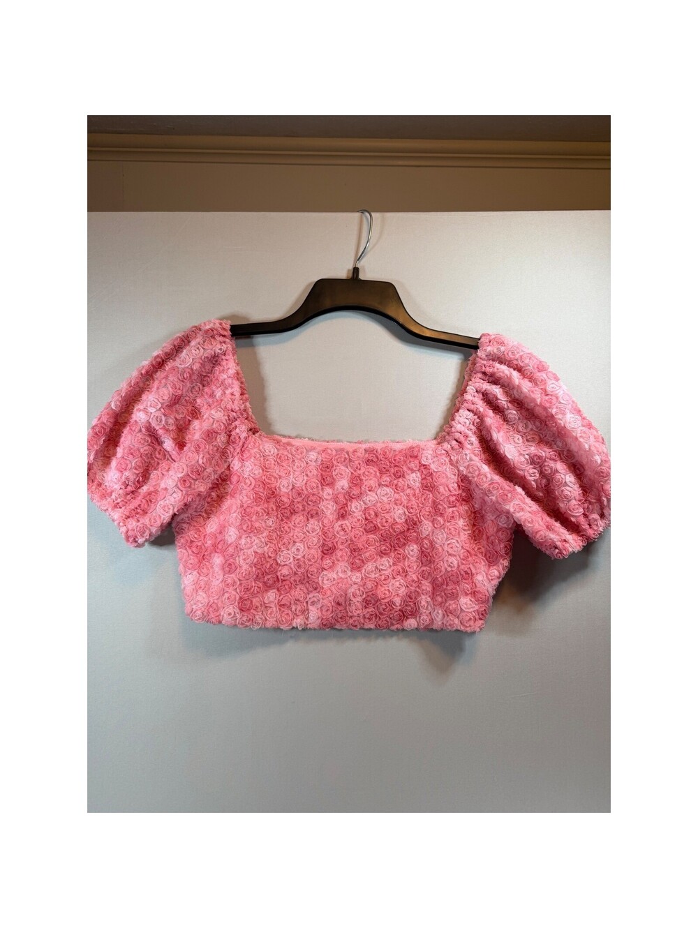 Le Lis Collection Pink Rosette 3D Floral Crop Top Puff Sleeve Square Neck XS